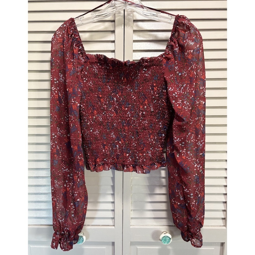 Jopna Blouse Size L‎ Burg/Blue Floral Smocked Body Long Chiffon Sleeves Ruffle